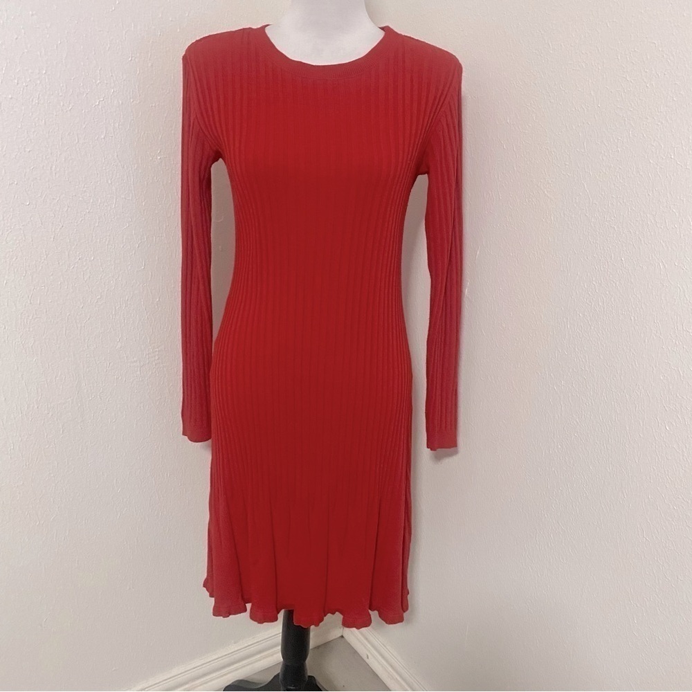 Vintage Coldwater Creek Women’s Red Ribbed Pleated Knit Long Sleeve Dress Red XS
